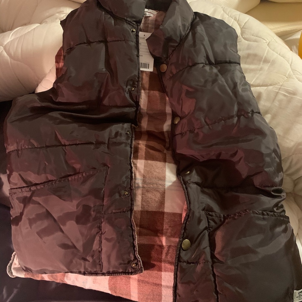 Penny Stock Men's XL Penny Puffer Vest Brown Flannel Plaid Lined Warm